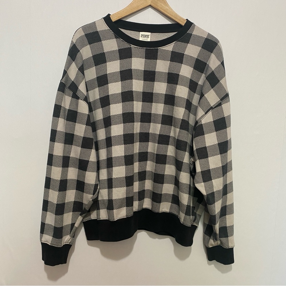 PINK Victoria’s Secret Black Gray Plaid Crewneck Sweatshirt Pullover L‎ Cozy